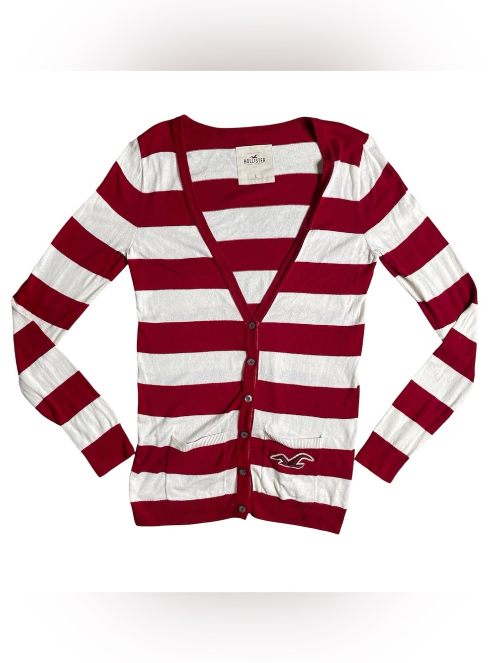 Hollister y2k vintage red & white striped logo pocket button up cardigan sweater